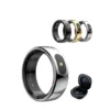 A product image showcasing a smart ring in various colors including silver, black, and gold, displayed alongside its black charging case.