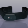 A black, contoured chest strap heart rate monitor with a central sensor pod featuring a logo.