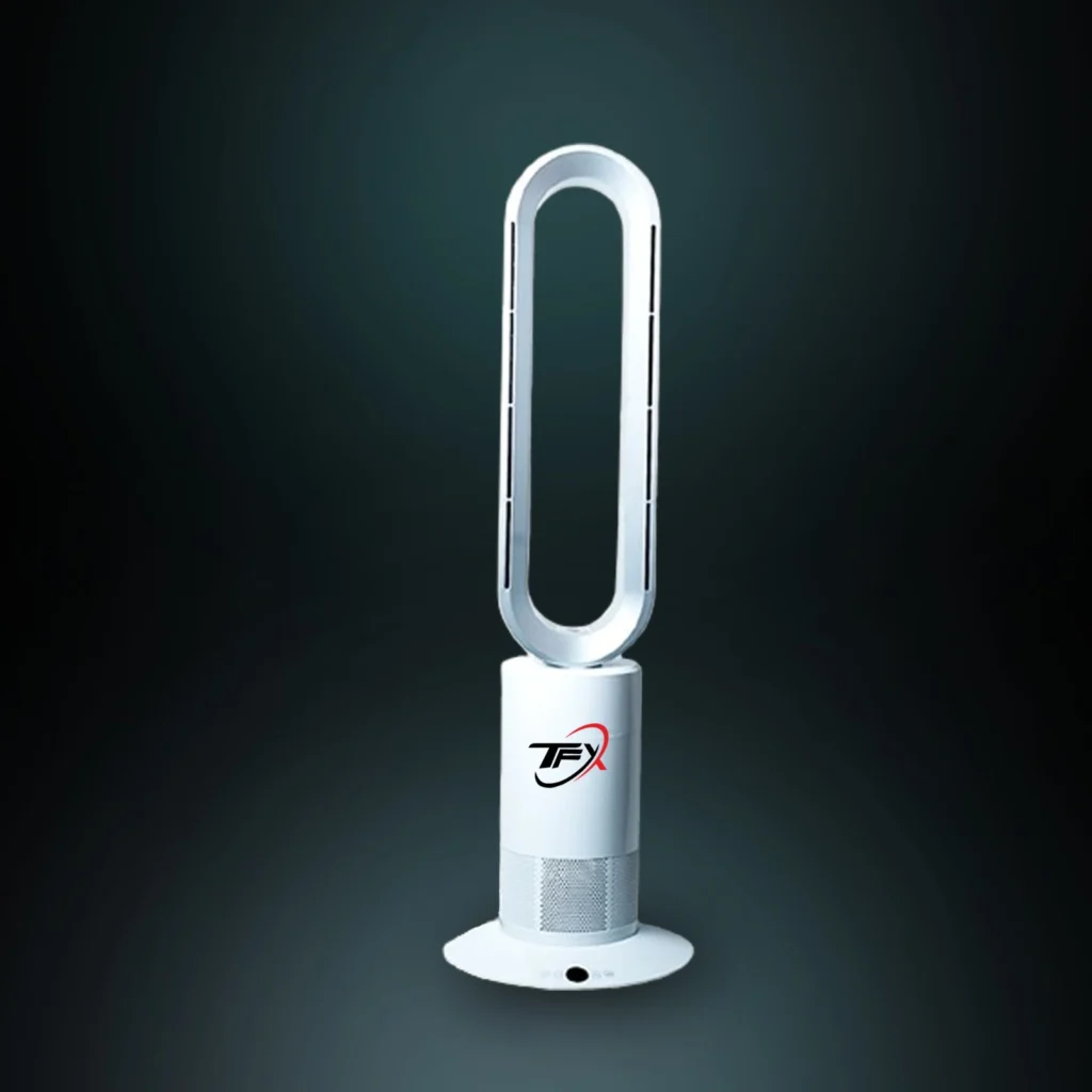A white TFX bladeless tower fan with a modern design, showing its oval air multiplier loop and the TFX logo on the cylindrical base